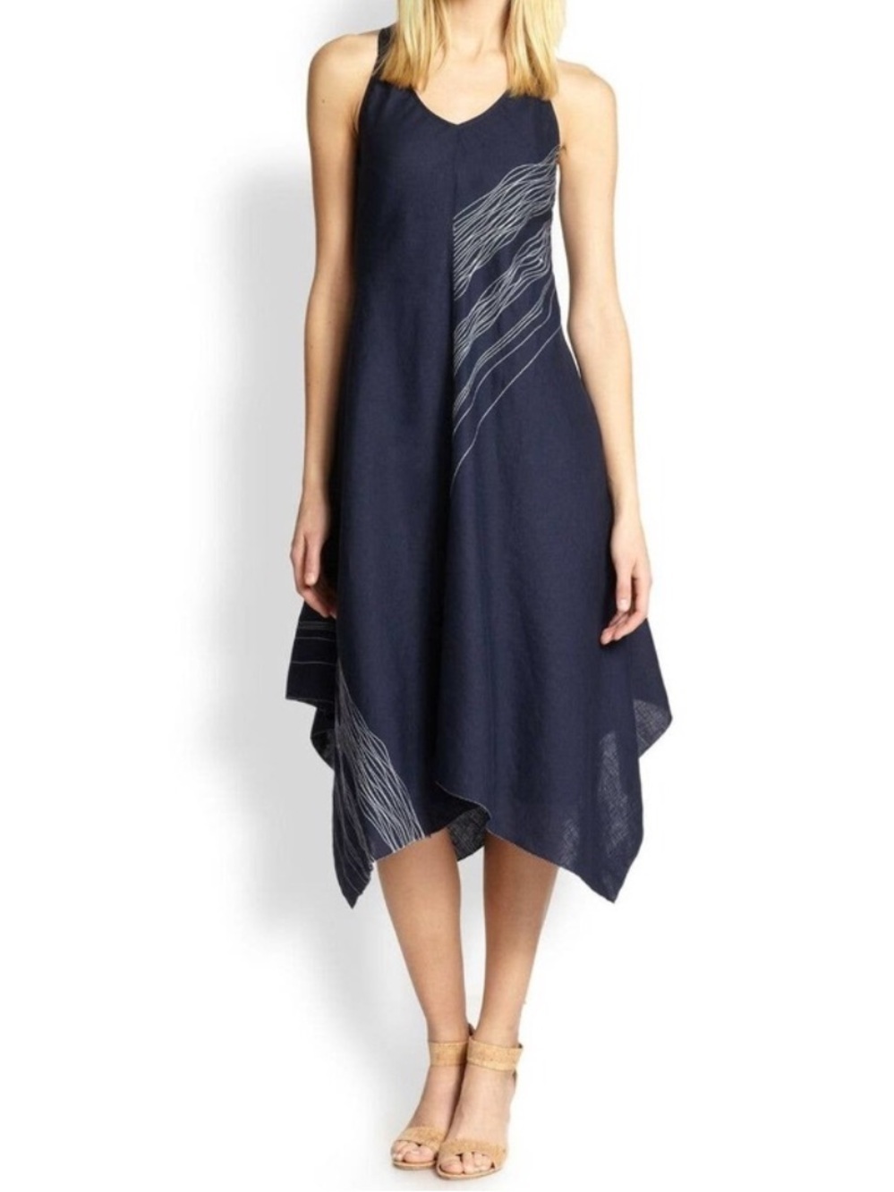 Neiman Marcus Linen Blend Navy Midi Dress Asymmetrical Kerchief Hem Medium